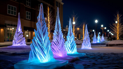 Thirty professional ice carving teams from around world create masterpieces at downtown plaza exhibition chainsaws and chisels shape multi block formations while colored LED light