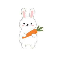 Cute Kawaii White Rabbit Holding Carrot Vector Illustration with Pastel Colors