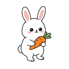 Cute Kawaii White Bunny Holding a Fresh Carrot Vector Illustration