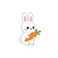 Adorable Kawaii White Bunny Holding a Fresh Carrot Vector Illustration