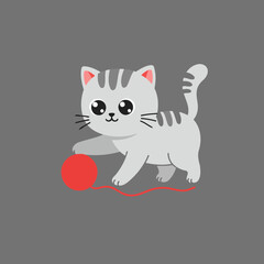 Adorable Kawaii Style Gray Tabby Kitten Playing with Red Yarn Ball Vector Illustration
