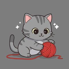 Adorable Kawaii Gray Tabby Cat Playing with Red Yarn Ball Vector Illustration