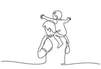 Minimalist continuous line drawing captures father carrying child on shoulders with arms outstretched