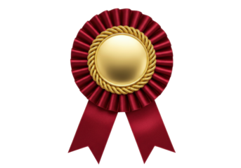 Elegant red and gold award rosette isolated on white, prize ribbon for recognition and achievement in PNG format