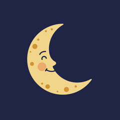 Charming Smiling Crescent Moon Face Vector Illustration with Cartoon Style on Dark Blue Background