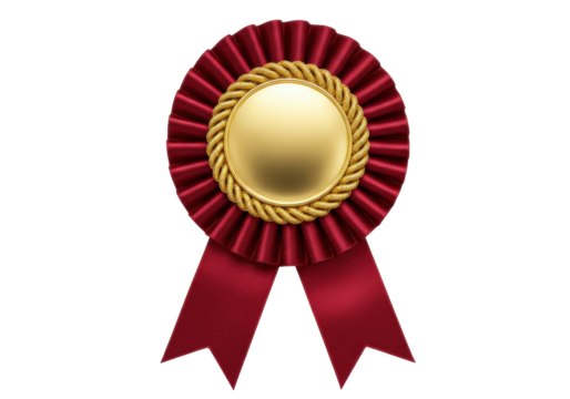 Elegant red and gold award rosette isolated on white, prize ribbon for recognition and achievement in PNG format