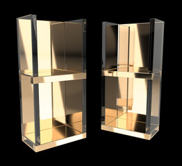 Сlose-up of hanging retail acrylic clear gold display stand for cosmetics and perfume store. 3d illustration isolated on black