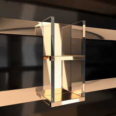 Retail empty shelves with gold edge and hanging clear acrylic gold display stand for cosmetics and perfume store. 3d illustration