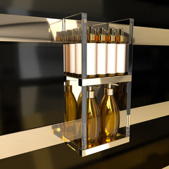Retail shelves with gold edge and hanging clear acrylic gold display stand with blank cosmetic bottles. 3d illustration