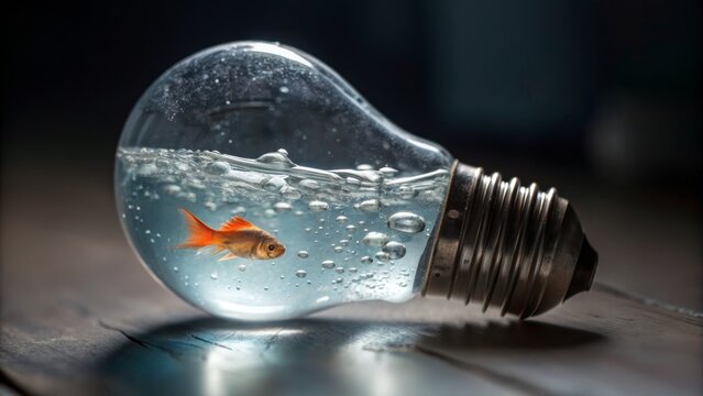 Unique goldfish suspended in water inside a light bulb on a wooden surface Generative AI - Powered by Adobe