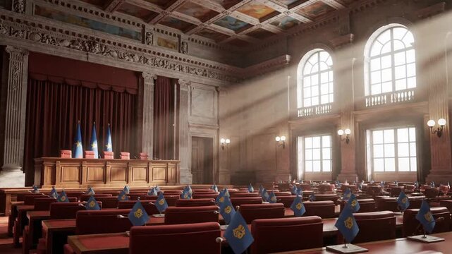 Sunbeams Illuminating an Empty Ornate Government Parliament Chamber.