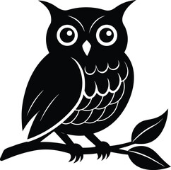 Vector silhouette owl perched on branch elegant night bird illustration