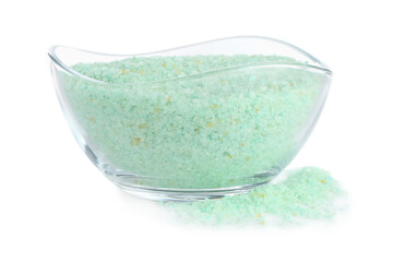 Turquoise sea salt in bowl isolated on white