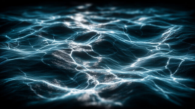 Ocean like surface rendered as an energy grid conveying wave analytics fluid dynamics modeling and the mapping of moving data systems.
