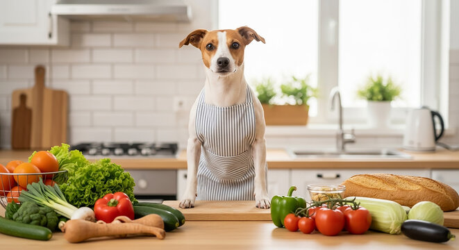 Dog chef wearing apron cooking fresh vegetables in kitchen