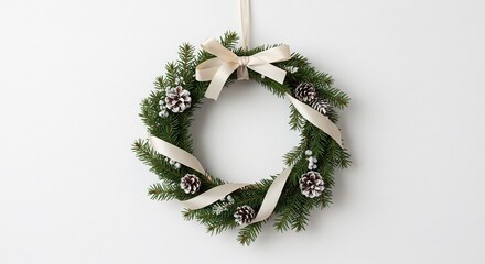 Couronne Noel elegante sapin delicate ruban beige lumiere douce. AI Generated