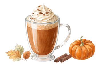 Watercolor illustration of a glass mug filled with pumpkin spice latte or hot coffee, topped with whipped cream. The warm orange-brown drink is isolated on a transparent background, ideal for autumn, 