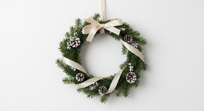 Couronne Noel elegante sapin delicate ruban beige lumiere douce. AI Generated