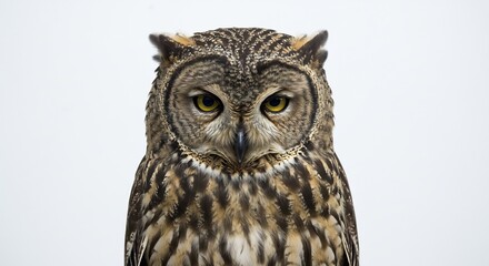 Naklejka premium Hibou majestueux regarde fixement lumiere douce fond blanc plumes detaill�es. AI Generated