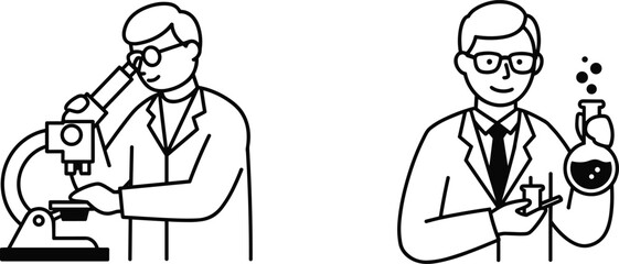 Scientist using microscope and holding chemical flask, laboratory experiment illustration, scientific research, chemistry, biotechnology, medical science, and innovation concept