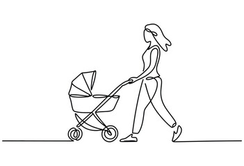 Elegant single line drawing captures a mother pushing a baby stroller on a simple path