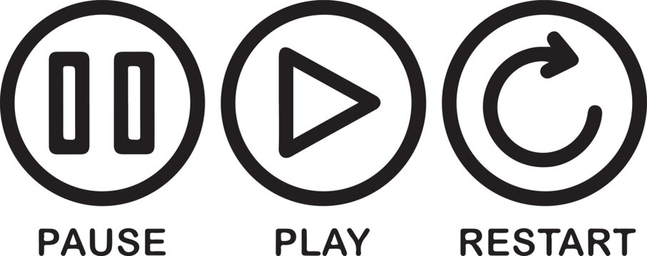Vector art of pause, play, and restart icons media control symbols for video and audio player buttons for multimedia playback user interface elements for media applications 