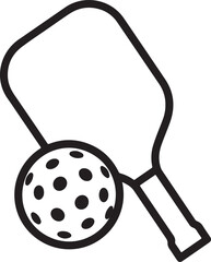 Vector art of a black and white illustration of a pickleball paddle and ball, ideal for sportsthemed designs, educational materials, or promotional content for pickleball enthusiasts on