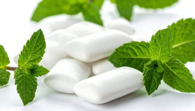 Chewing gum pieces with fresh mint leaves