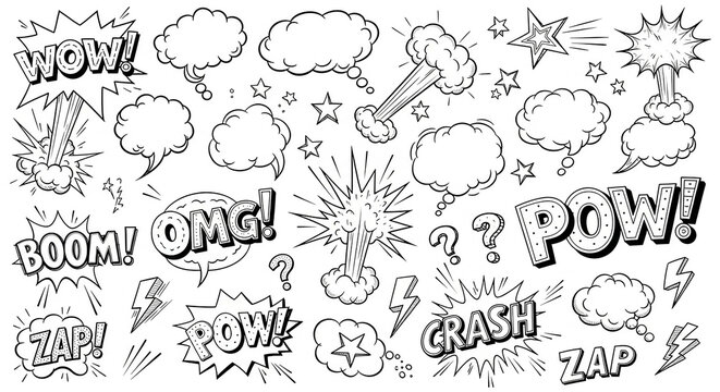Comic speech bubbles and sound effects doodling in pop art style