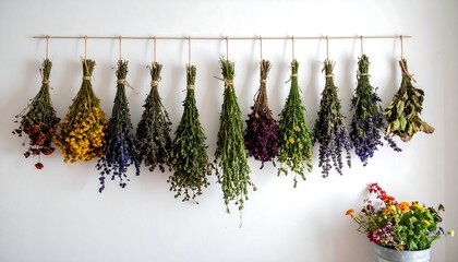 Dried Herbs Hanging on a Wire Against a White Wall.