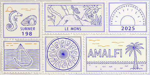 Collection of hand drawn blue ink stamps featuring summer travel destinations and zodiac symbols