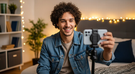 Man vlogging with smartphone for social media content