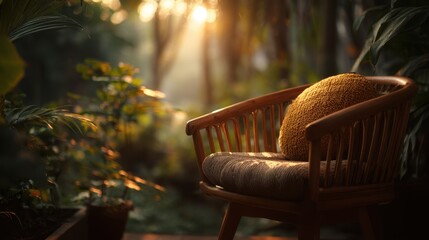 Medium shot of a minimalist outdoor chair with weatherproof cushions glowing softly under natural light surrounded by blurred garden plants enhancing its durability.