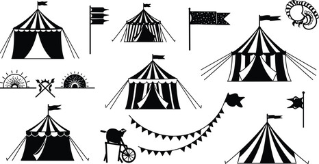 Circus tent silhouettes, vintage carnival icons, black and white vector art, fairground elements, whimsical festival graphics, retro design clipart © Earshad Creative