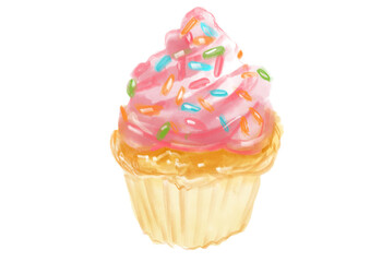 ピンクのクリームの乗った美味しそうなカップケーキの手描き水彩イラスト