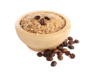 Sea salt in bowl and coffee beans isolated on white