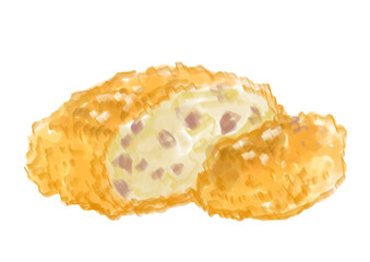 揚げたてで美味しそうな切られたコロッケの手描き水彩イラスト(透過PNG)