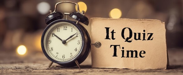 The alarm clock and vintage tag announcing quiz time on rustic wooden table