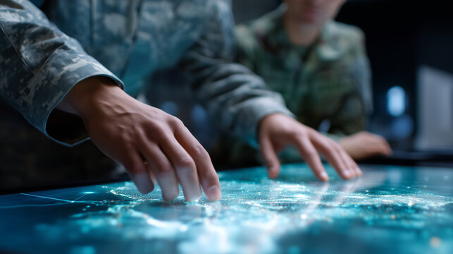 Military officers planning strategy with futuristic holographic 3D map in command center military officers planning, futuristic holographic map, command center strategy, cyber warf - Powered by Adobe