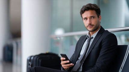 Businessman in airport lounge using smartphone while waiting for flight businessman airport lounge, using smartphone travel, waiting for flight departure, modern business travel sc