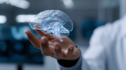 Scientists analyzing 3D hologram of human brain with medical data scientists analyzing brain, hologram brain scan, neuroscience research lab, DNA analysis medical data, futuristic