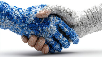 Two hands, one blue and one gray, clasped together in a handshake.