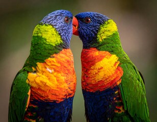Two colorful rainbow lorikeets embracing intimately