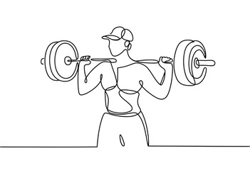 Continuous line drawing of a fit person performing a barbell squat exercise in a gym setting