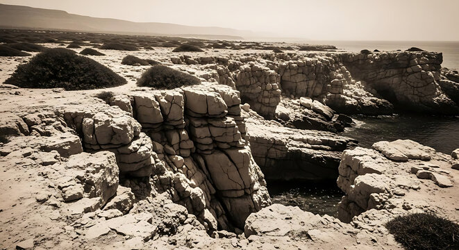 Sepia toned landscape featuring rocky cliffs and sparse vegetation along a coastline under hazy skies ai generated - Powered by Adobe