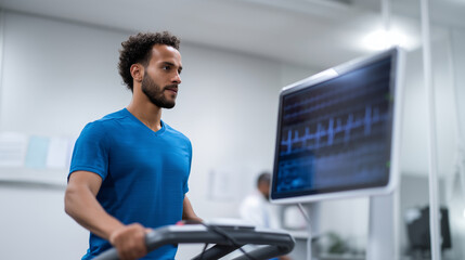 Cardiovascular exercise test in sports science laboratory with ECG analysis cardiovascular exercise test, sports science laboratory, ECG analysis screen, medical technology in fitn