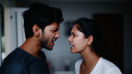 Relationship crisis scene with couple fighting at home relationship crisis couple fighting, man and woman argument home, family life problems, emotional expressions conflict, drama