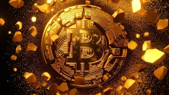 Luxurious Golden Bitcoin Cryptocurrency Coin with Scattered Particles