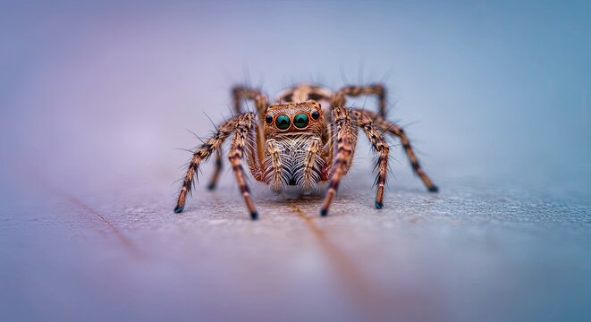 Intricate macro portrait of a vibrant jumping spider showcasing its striking emerald eyes and detailed fuzzy exoskeleton, a captivating study of nature's miniature wonders
