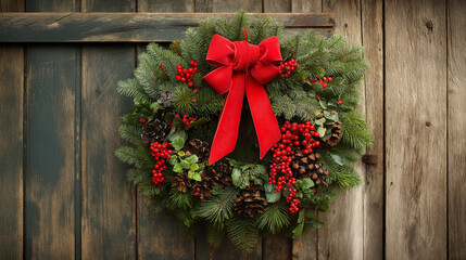 A stylishly decorated Christmas wreath made of fresh pine, adorned with red berries, pinecones, and a large red bow. The wreath hangs beautifully on a rustic wooden door, welcoming guests
